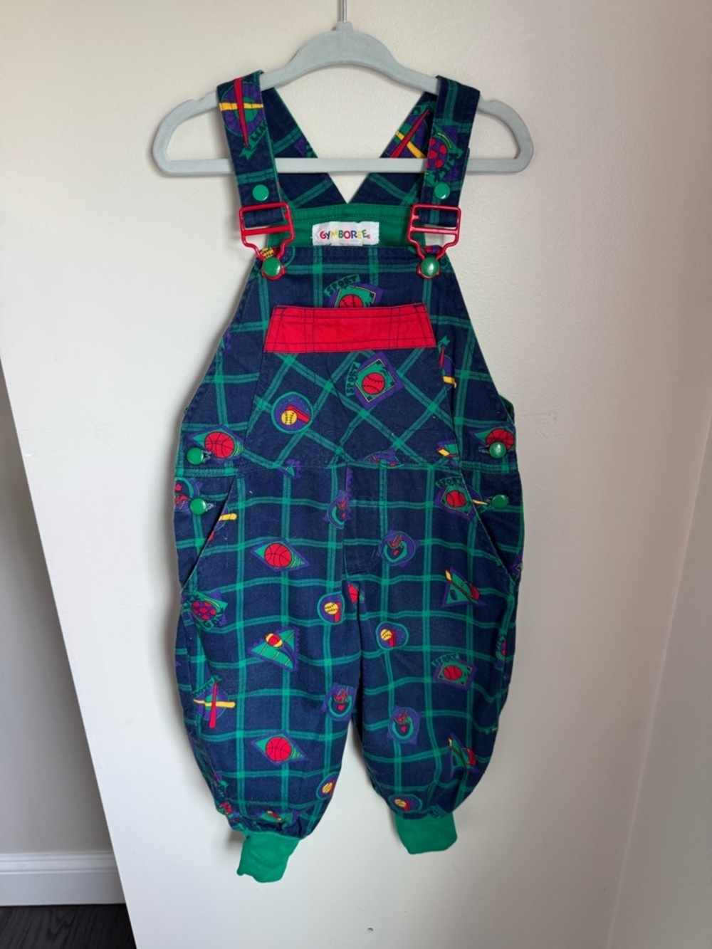 Gymboree Vintage Rainbow Tag Plaid Sports-Print Kids Overalls Size Small